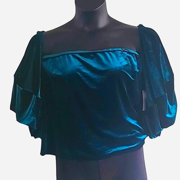 NWOT State Forest Green Velvet Off-The-Shoulder Bell Sleeve Top Size Medium - Picture 6 of 6